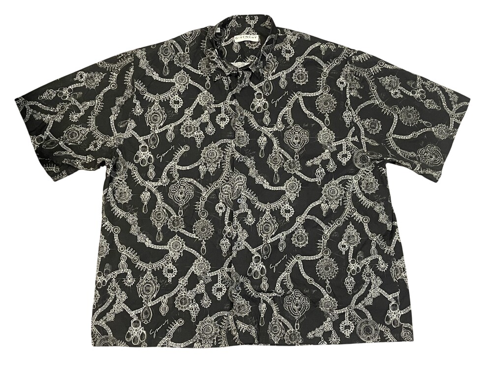 Givenchy Shirt Mens EU 42 Black Graphic Chain Print Short Sleeve Button Up